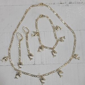 14k Gold Plated Dolphin Charm Necklace, Bracelet & Earring Set